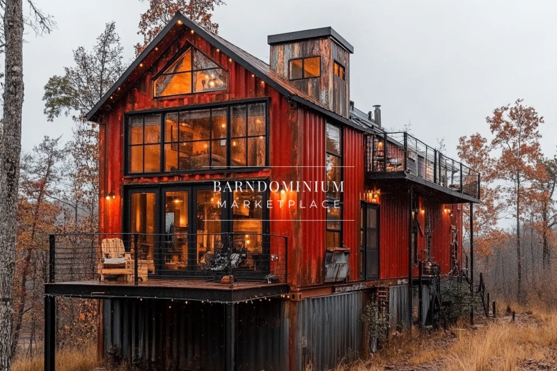 Stunning modern barndominium with a bold red exterior, large glass windows, and warm interior lighting, set in a peaceful wooded landscape.