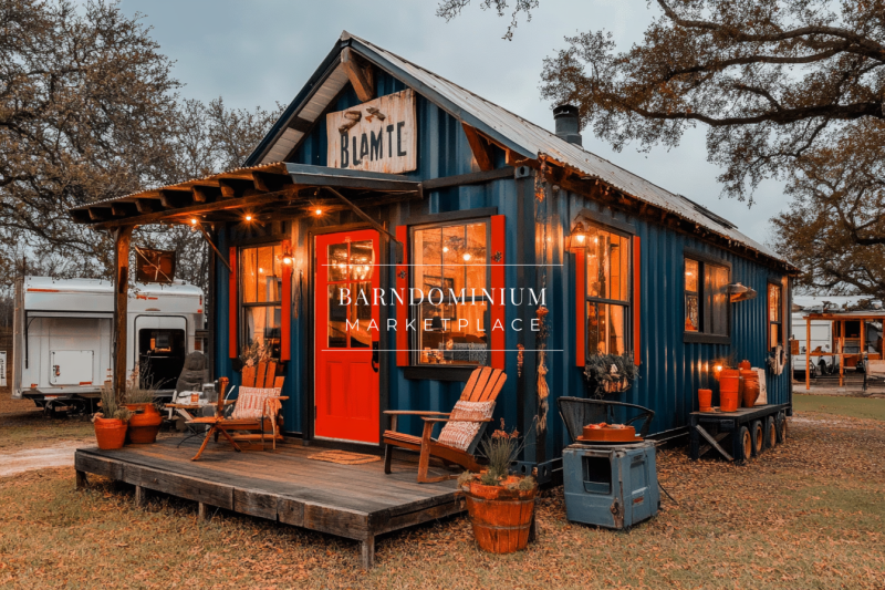 Charming rustic tiny home with a bold blue exterior, warm lighting, and cozy farmhouse decor on a welcoming front porch.