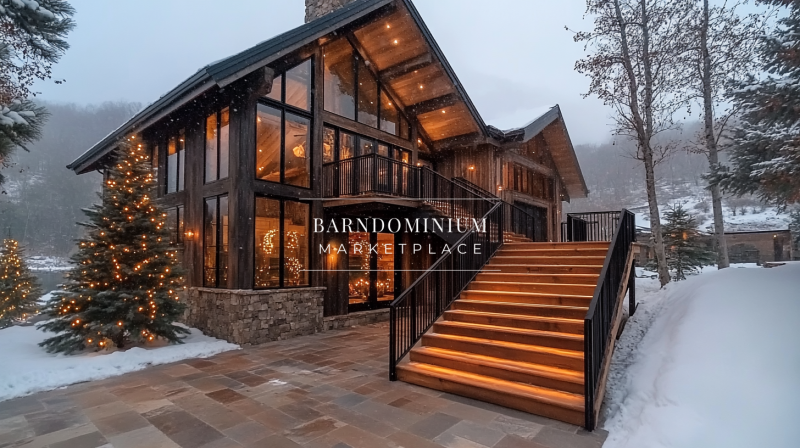 Luxurious mountain barndominium with floor-to-ceiling glass windows, warm lighting, and a stunning winter setting.