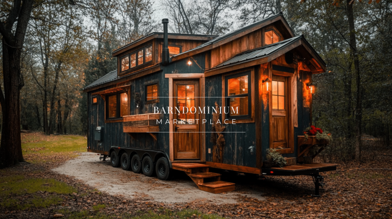Beautiful rustic tiny home on wheels with a wood and black exterior, warm lighting, and a cozy cabin-inspired design.