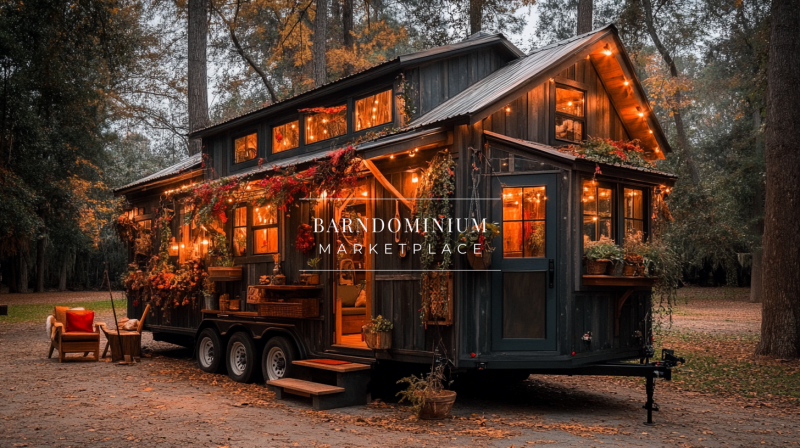 Charming rustic tiny home on wheels with warm lighting, lush greenery, and a cozy farmhouse-inspired design.
