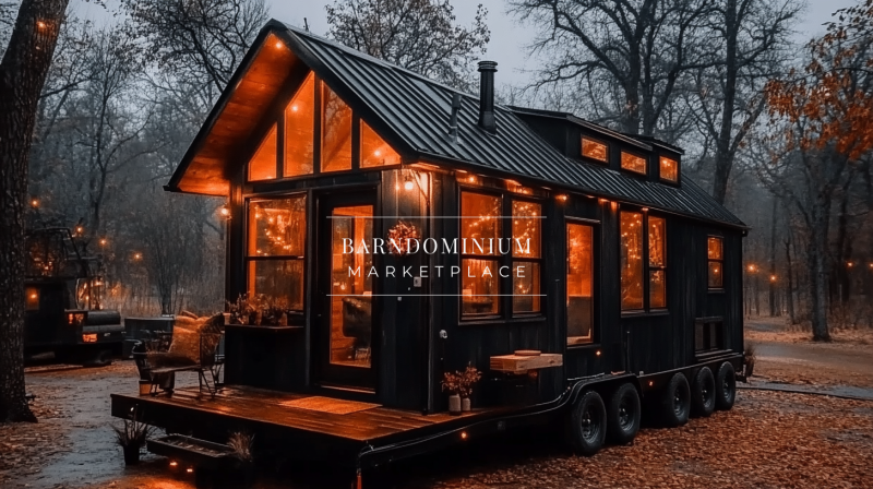 Modern rustic tiny home on wheels with a black exterior, warm glowing lights, and a cozy cabin-inspired design.