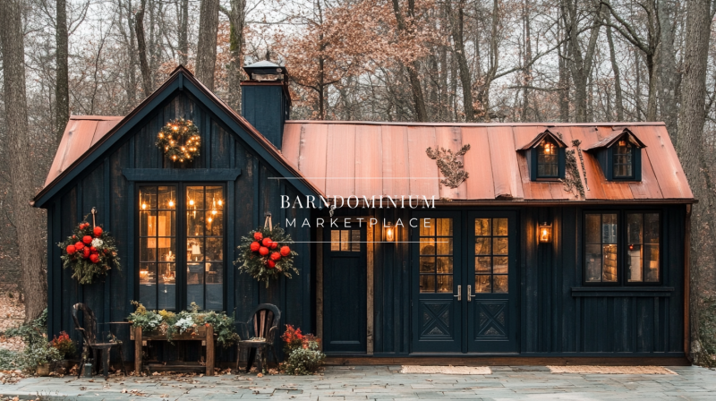 Charming rustic cottage with a black and copper exterior, warm holiday decor, and glowing lights in a peaceful woodland setting.