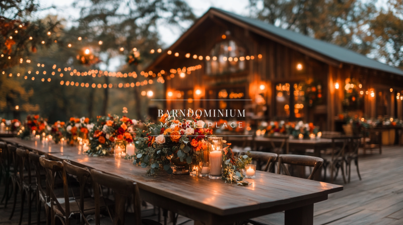 Enchanting outdoor barn wedding reception with warm string lights, rustic wooden tables, and elegant floral arrangements.