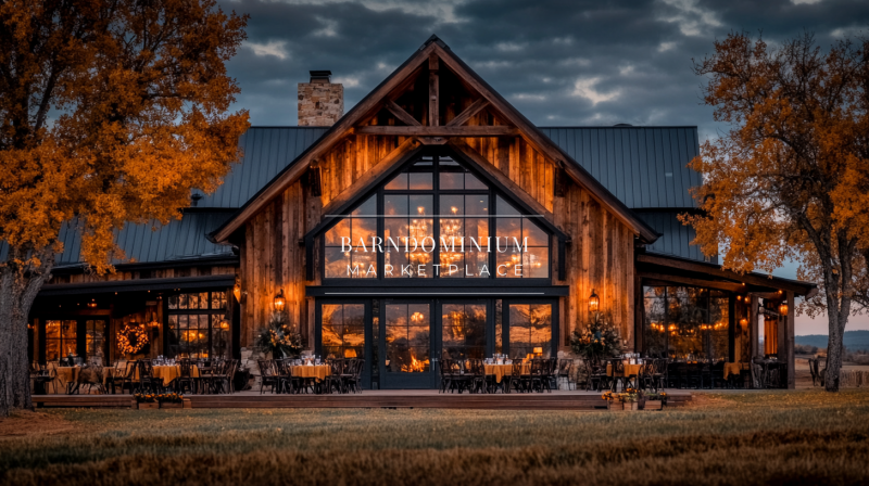 Stunning rustic barndominium exterior with warm lighting and modern farmhouse charm.