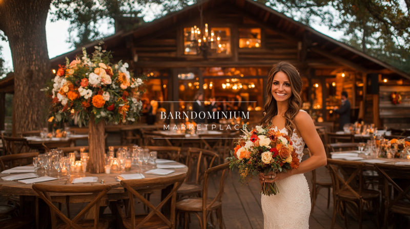 Beautiful rustic wedding at a warmly lit barn venue, featuring elegant floral decor and a radiant bride.