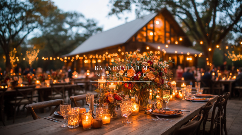 A beautifully set rustic wedding reception table, glowing with candlelight and adorned with vibrant autumn flowers, against the backdrop of a warmly lit barn.