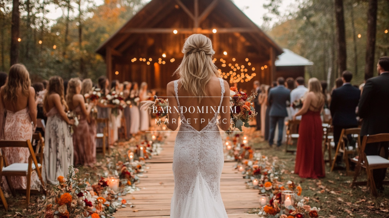 A breathtaking bride walks down a rustic wooden aisle lined with candles and autumn flowers, leading to a warmly lit barn wedding ceremony.