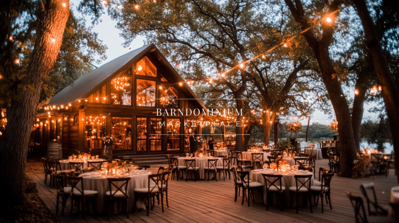A dreamy rustic barndominium venue set in a wooded area, illuminated by twinkling string lights, creating a magical outdoor wedding or event setting.