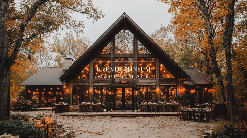 A stunning A-frame barndominium with floor-to-ceiling windows, glowing interior lights, and a cozy autumn ambiance surrounded by golden fall foliage.