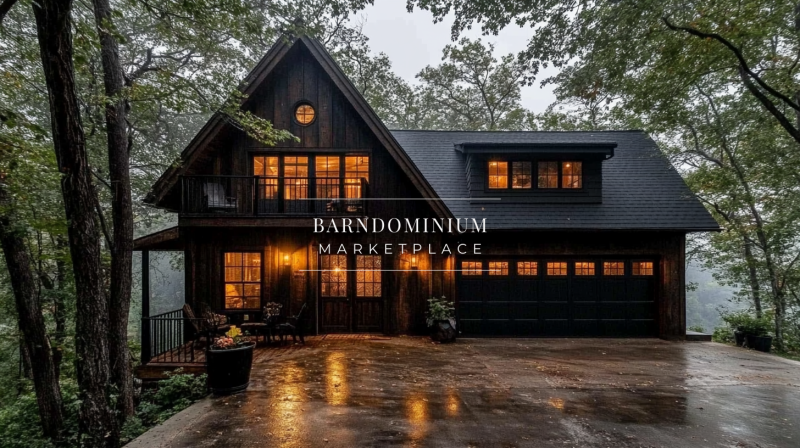 A modern rustic black barndominium with a warm, inviting glow, nestled in a wooded setting on a rainy evening, featuring a garage and upper balcony.