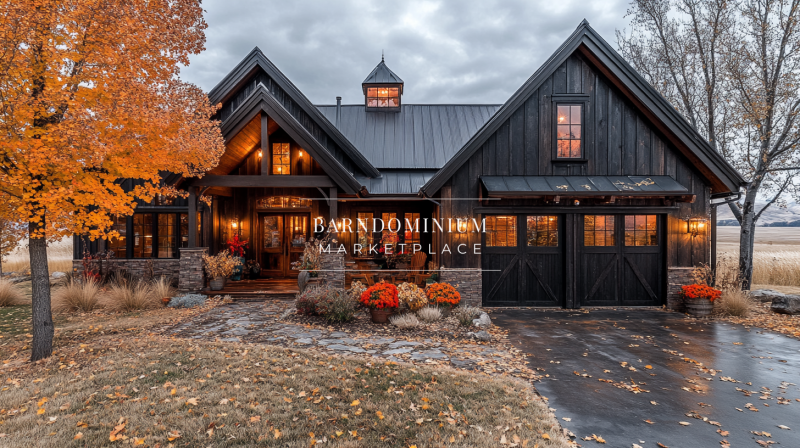 A cozy black farmhouse-style barndominium with warm glowing lights, a covered front porch, and a garage, surrounded by autumn trees and festive seasonal decor.