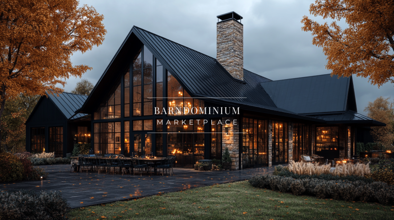 A sleek black modern barndominium with a striking A-frame design, floor-to-ceiling windows, and a towering stone chimney, surrounded by autumn foliage under a moody sky.