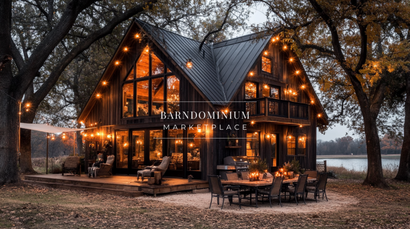 A charming black barndominium with a steep A-frame roof, warm glowing lights, and a cozy outdoor dining space, nestled under large oak trees near a peaceful lakeside.