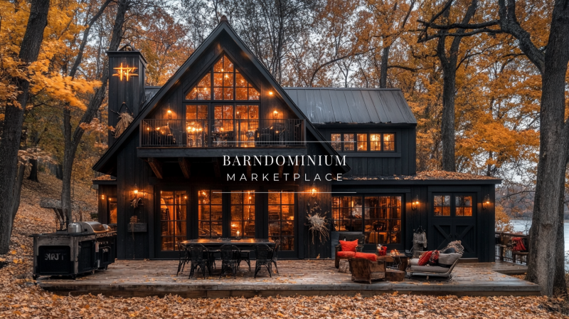 A striking modern black barndominium nestled in an autumn landscape, featuring expansive glass windows, a cozy outdoor seating area, and warm interior lighting that enhances its rustic elegance.