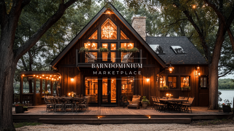 A stunning A-frame barndominium with a warm, rustic charm, featuring large glass windows, glowing interior lights, and a spacious outdoor dining area under a canopy of trees.