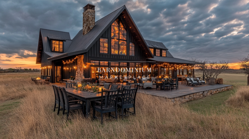 A stunning black barndominium with a towering stone chimney, expansive windows, and glowing string lights, set against a dramatic evening sky with a cozy outdoor dining space.