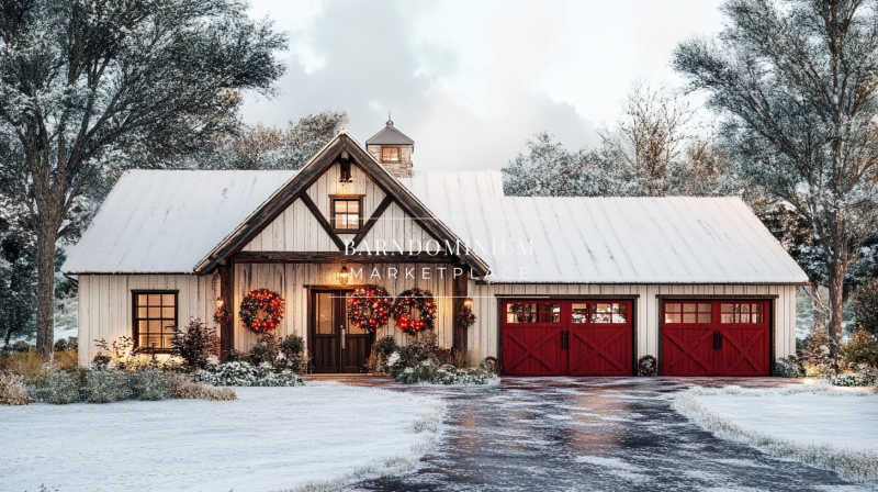 A cozy farmhouse-style barndominium with festive Christmas wreaths, red garage doors, and a snowy winter landscape, creating the perfect holiday retreat.