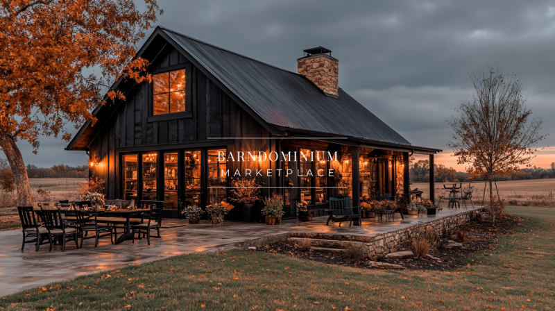 A modern black barndominium with warm lighting, large windows, and a cozy rustic charm, set in a peaceful countryside landscape under an overcast sky.