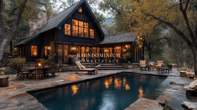 A luxurious rustic barndominium with a dark wood exterior, glowing interior lights, and a serene backyard pool, surrounded by lush trees and stone landscaping.