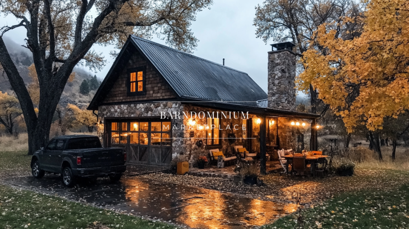 A charming stone-clad barndominium with warm glowing lights, a rustic porch, and a black metal roof, nestled among autumn trees on a rainy evening.