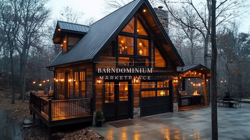A beautifully designed modern barndominium with warm wood tones, black metal roofing, and glowing lights, creating a cozy cabin feel in a wooded setting.