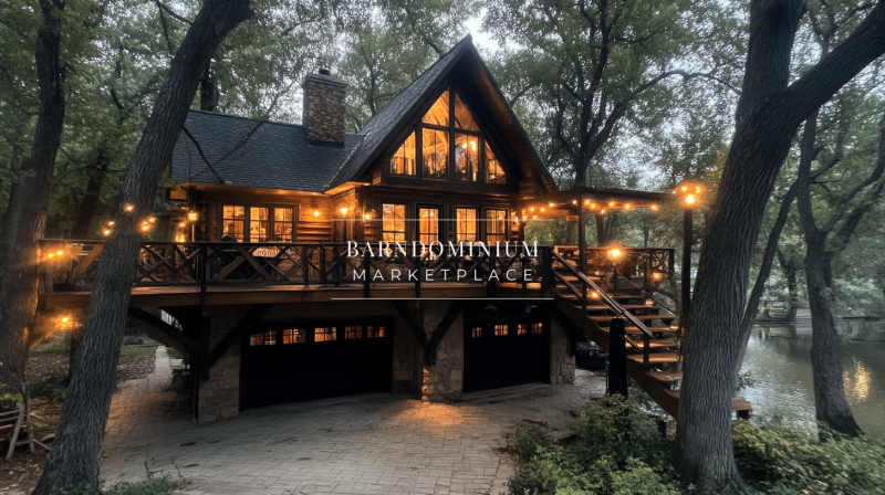 A stunning barndominium-style cabin with a wraparound deck, glowing string lights, and a cozy ambiance nestled among tall trees.