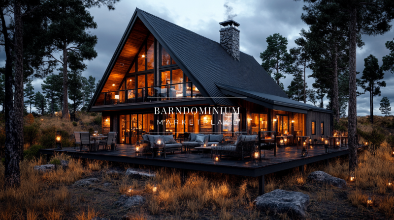A breathtaking A-frame barndominium with floor-to-ceiling windows, an expansive deck, and warm lighting, blending seamlessly with the natural surroundings.