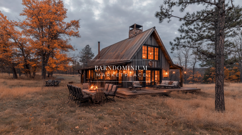 A charming rustic barndominium with a weathered metal roof, warm glowing windows, and an inviting outdoor fire pit, set against a peaceful autumn landscape.