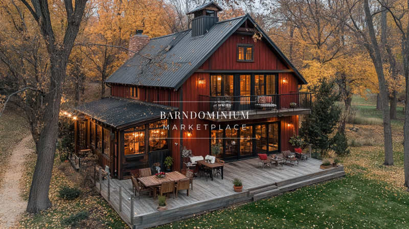 A beautifully restored red barn-style home with rustic charm, featuring a spacious wraparound deck, warm lighting, and surrounded by vibrant autumn foliage.