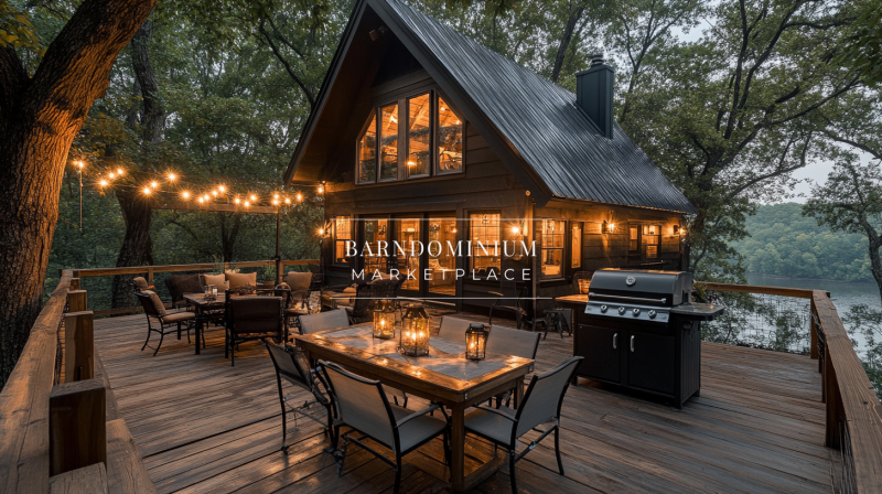 A cozy lakeside barndominium with warm string lights, featuring a spacious wooden deck perfect for outdoor dining and relaxation.
