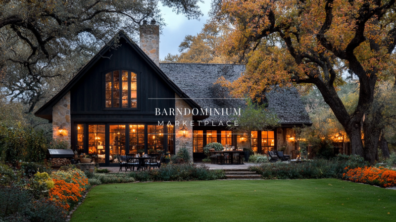 A charming barndominium with a cozy yet modern farmhouse design, featuring warm lighting, lush greenery, and rustic wooden and stone elements for a picturesque retreat.