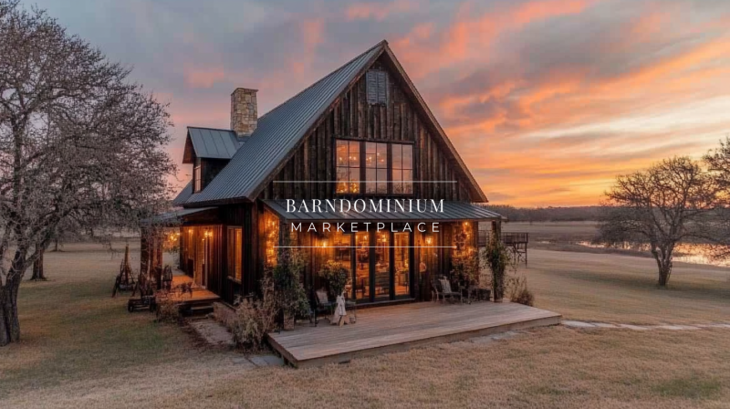 A stunning rustic barndominium with warm glowing lights, set against a breathtaking sunset over the open countryside.