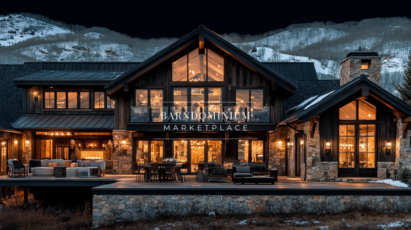A luxurious mountain barndominium with large glass windows, warm lighting, and a spacious outdoor patio, set against a stunning snow-covered mountain backdrop.