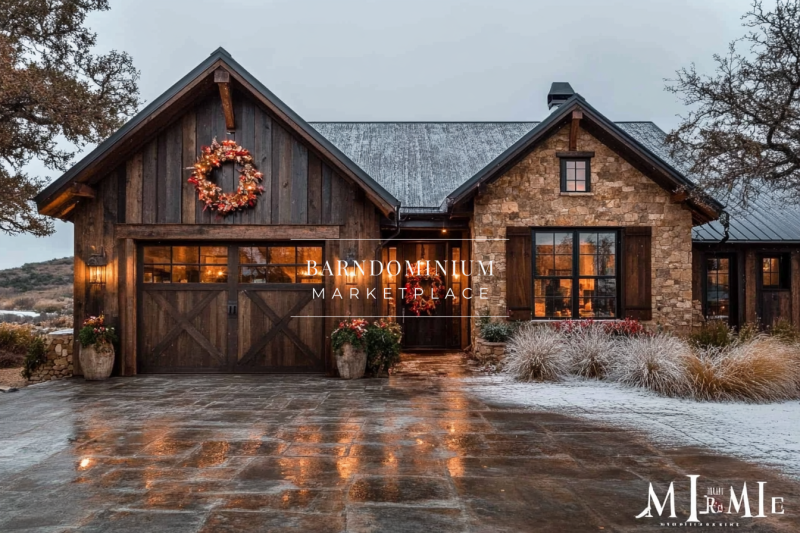A charming rustic barndominium with stone and wood exterior, adorned with warm holiday decor and set against a cozy winter backdrop.