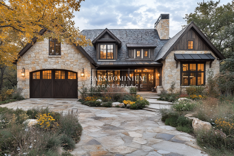A stunning stone-clad cottage-style home with warm lighting, rustic wood accents, and a beautifully landscaped front yard.