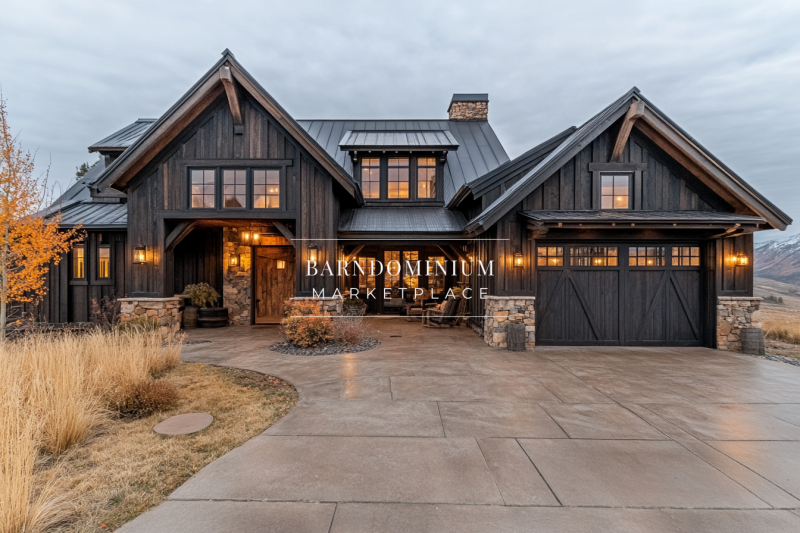 A stunning modern barndominium with dark wood siding, stone accents, and warm exterior lighting, creating a cozy yet sophisticated look.