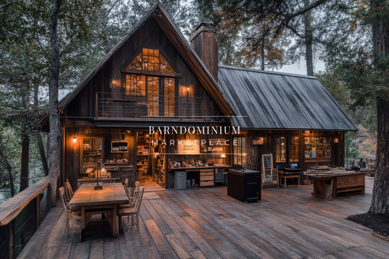 A rustic-modern barndominium with warm interior lighting, a spacious wooden deck, and cozy outdoor seating nestled in a serene forest setting.