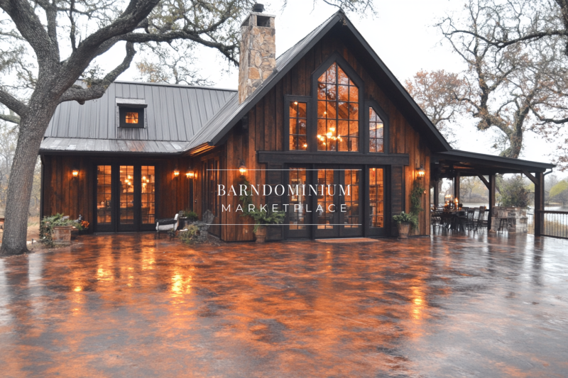 A charming modern farmhouse with a rustic wood exterior, large glass windows, and a cozy, illuminated interior, set against a serene landscape.