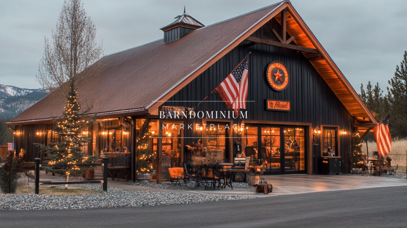 A charming black barn-style storefront with warm lighting, rustic decor, and an American flag, creating a cozy and inviting atmosphere.