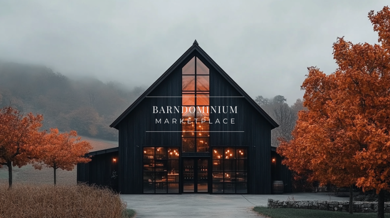 A sleek black barndominium with a striking glass front, glowing warmly against a misty autumn backdrop, creating a modern yet rustic charm.