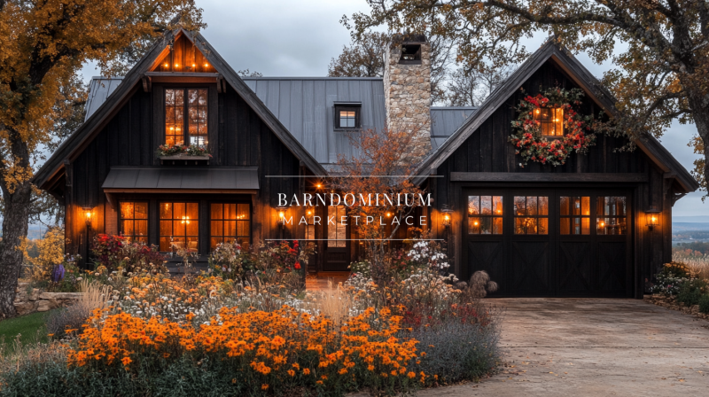 A charming black barndominium adorned with warm lighting and surrounded by vibrant autumn flowers, creating a cozy and inviting ambiance.
