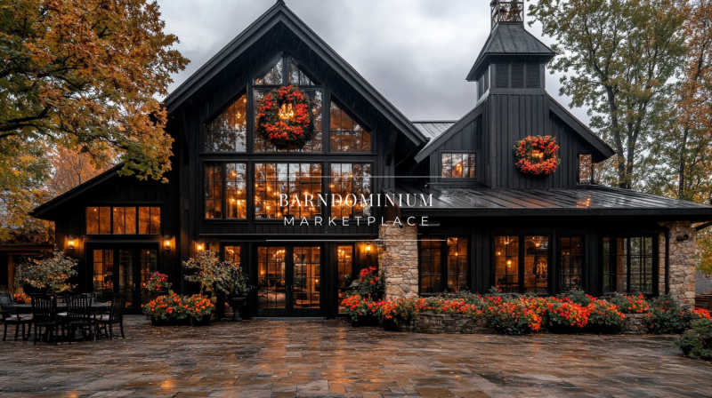 A charming black barndominium adorned with festive wreaths and warm lighting, surrounded by vibrant autumn flowers, creating the perfect cozy holiday retreat.