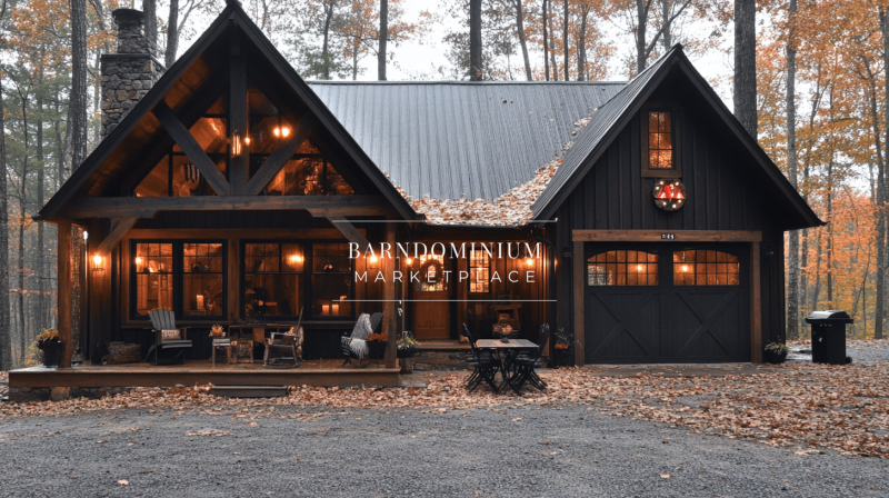 A cozy black barndominium nestled in the autumn woods, featuring warm lighting, rustic decor, and a charming garage, perfect for a peaceful retreat.