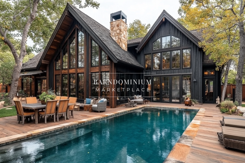 A stunning black barndominium with rustic wood accents, large glass windows, and a shimmering pool, creating a perfect blend of modern and cozy living.