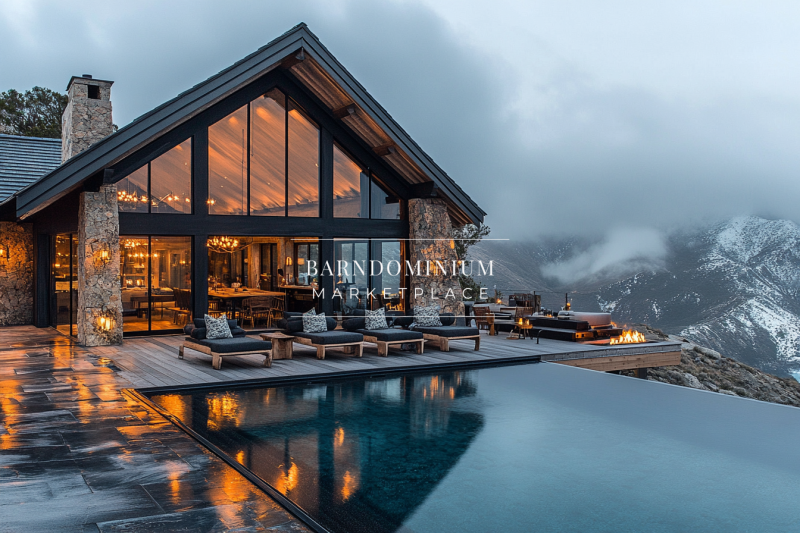 A stunning mountain barndominium with floor-to-ceiling glass windows, a cozy interior glow, and an infinity pool overlooking misty peaks—an ultimate luxury retreat.