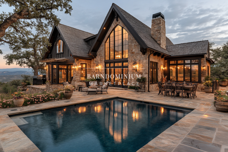 A breathtaking stone-clad barndominium with soaring glass windows, a cozy illuminated interior, and an inviting poolside patio—perfect for a countryside retreat.