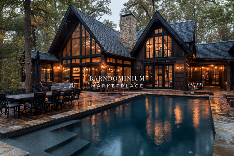 A stunning dark-themed barndominium with large windows, a cozy outdoor living space, and a shimmering private pool, surrounded by lush trees.
