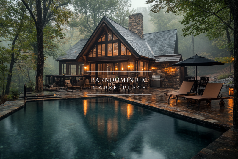 A charming A-frame black barndominium nestled in a misty forest, with a tranquil poolside setting and warm, inviting lights.