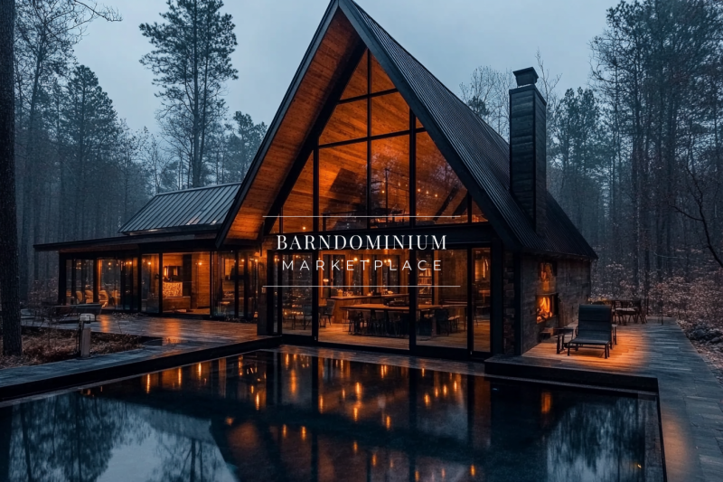 A stunning A-frame barndominium with expansive glass windows, a tranquil pool, and warm interior lighting, creating a cozy and modern retreat in the woods.